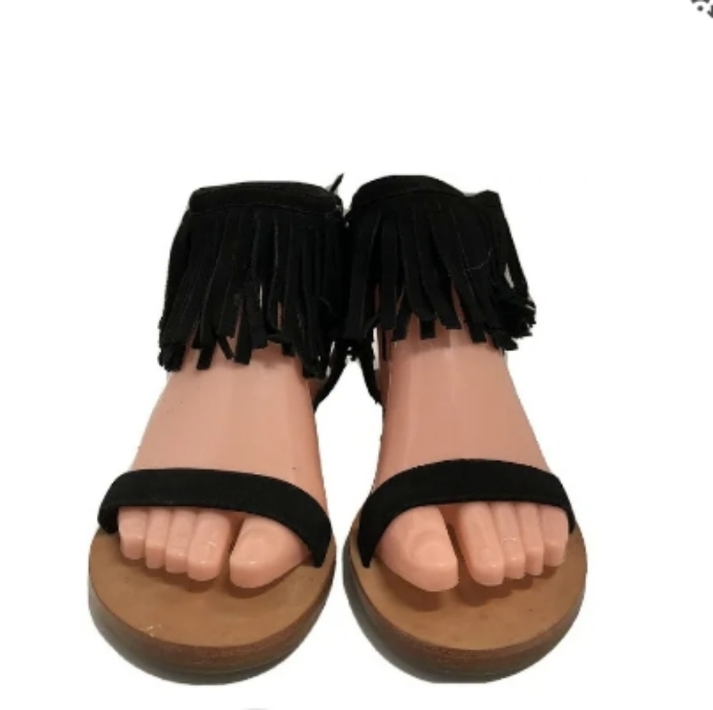Refresh ankle fringe open toe heal flat black sandles